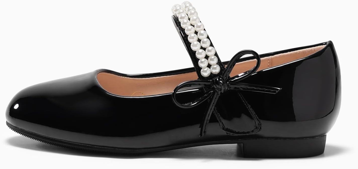 image:imageCoutgo Girls Mary Jane Dress Shoes Girl Flower Shoes Bow Pearls Ballet Flats Princess Wedding ShoesBlack