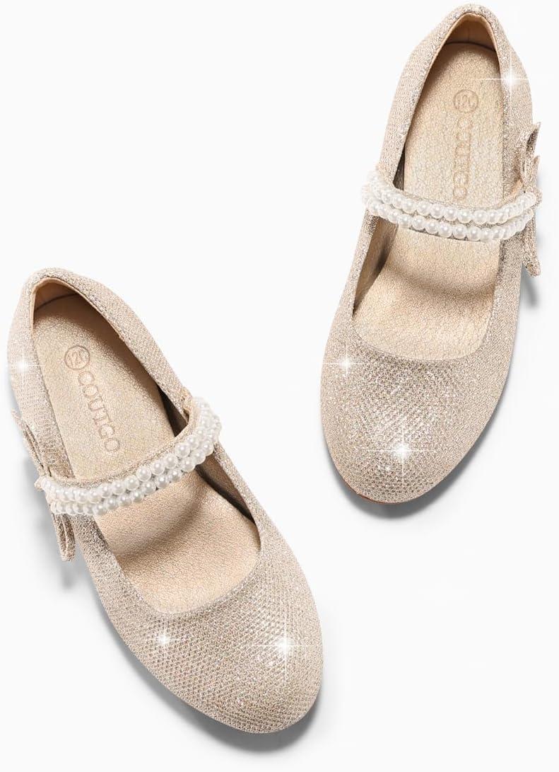 image:imageCoutgo Girls Mary Jane Dress Shoes Girl Flower Shoes Bow Pearls Ballet Flats Princess Wedding ShoesLight Gold