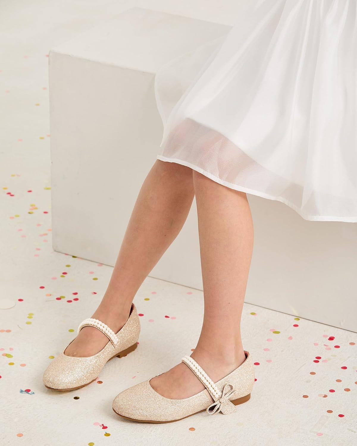 image:imageCoutgo Girls Mary Jane Dress Shoes Girl Flower Shoes Bow Pearls Ballet Flats Princess Wedding ShoesLight Gold