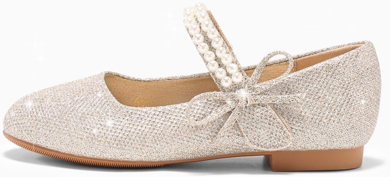 image:imageCoutgo Girls Mary Jane Dress Shoes Girl Flower Shoes Bow Pearls Ballet Flats Princess Wedding ShoesLight Gold