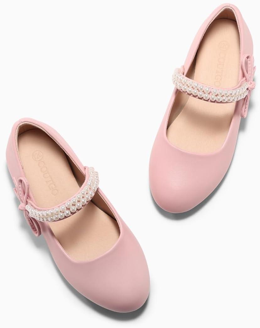 image:imageCoutgo Girls Mary Jane Dress Shoes Girl Flower Shoes Bow Pearls Ballet Flats Princess Wedding ShoesPink