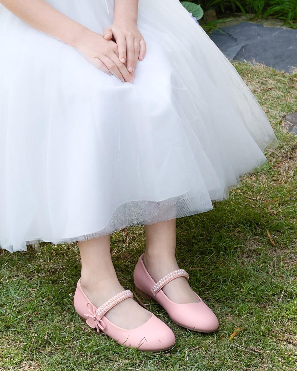 image:imageCoutgo Girls Mary Jane Dress Shoes Girl Flower Shoes Bow Pearls Ballet Flats Princess Wedding ShoesPink