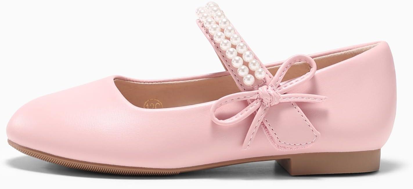 image:imageCoutgo Girls Mary Jane Dress Shoes Girl Flower Shoes Bow Pearls Ballet Flats Princess Wedding ShoesPink