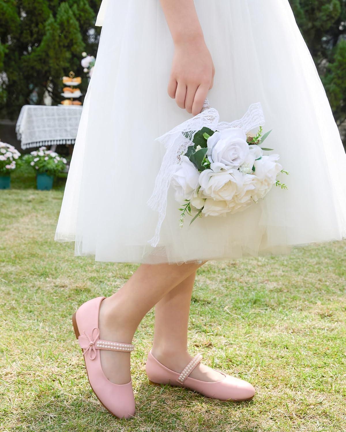 image:imageCoutgo Girls Mary Jane Dress Shoes Girl Flower Shoes Bow Pearls Ballet Flats Princess Wedding ShoesPink