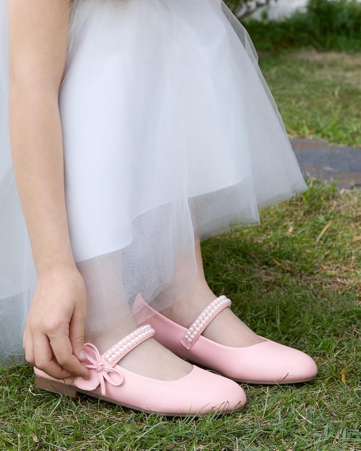 image:imageCoutgo Girls Mary Jane Dress Shoes Girl Flower Shoes Bow Pearls Ballet Flats Princess Wedding ShoesPink