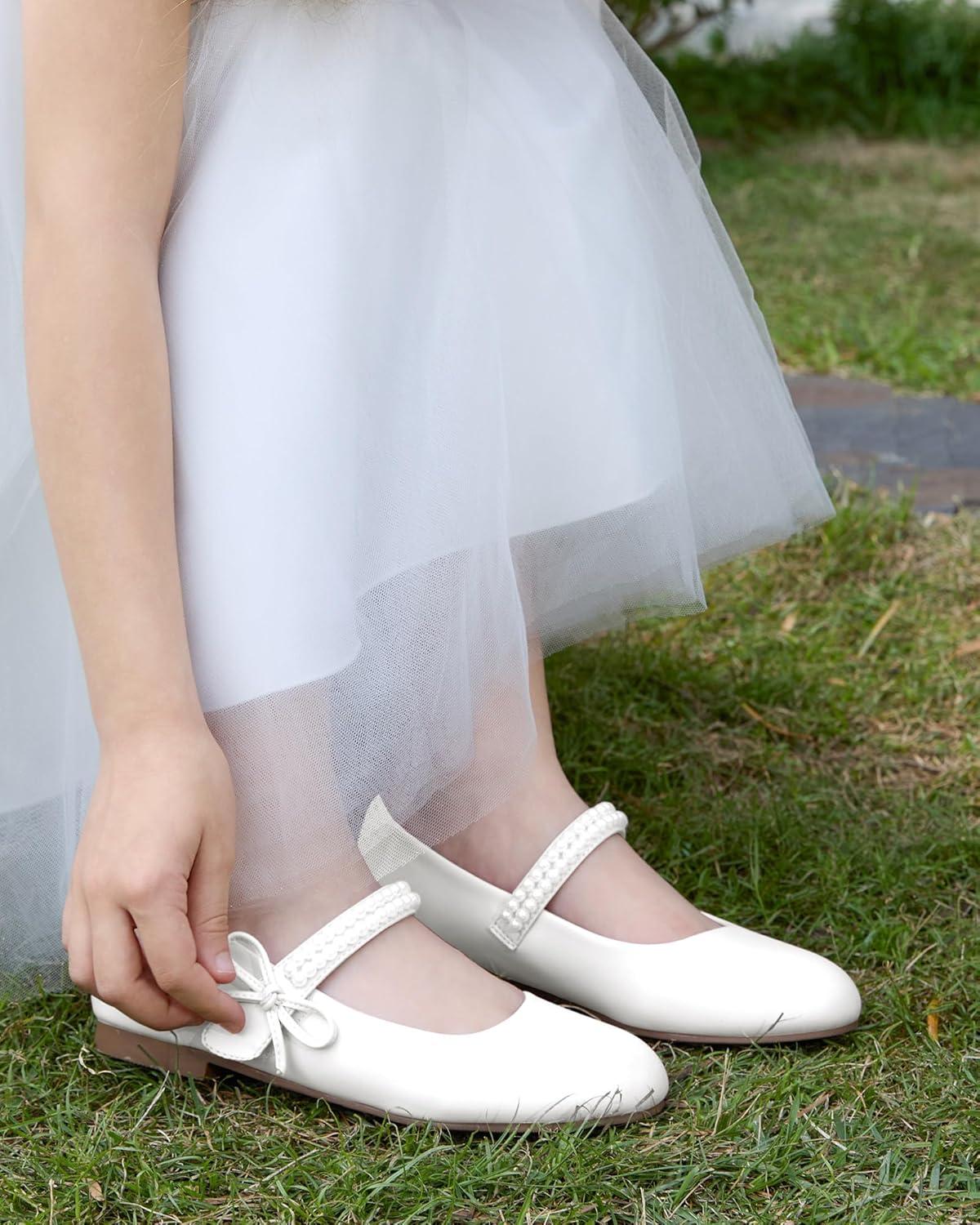 image:imageCoutgo Girls Mary Jane Dress Shoes Girl Flower Shoes Bow Pearls Ballet Flats Princess Wedding ShoesWhite