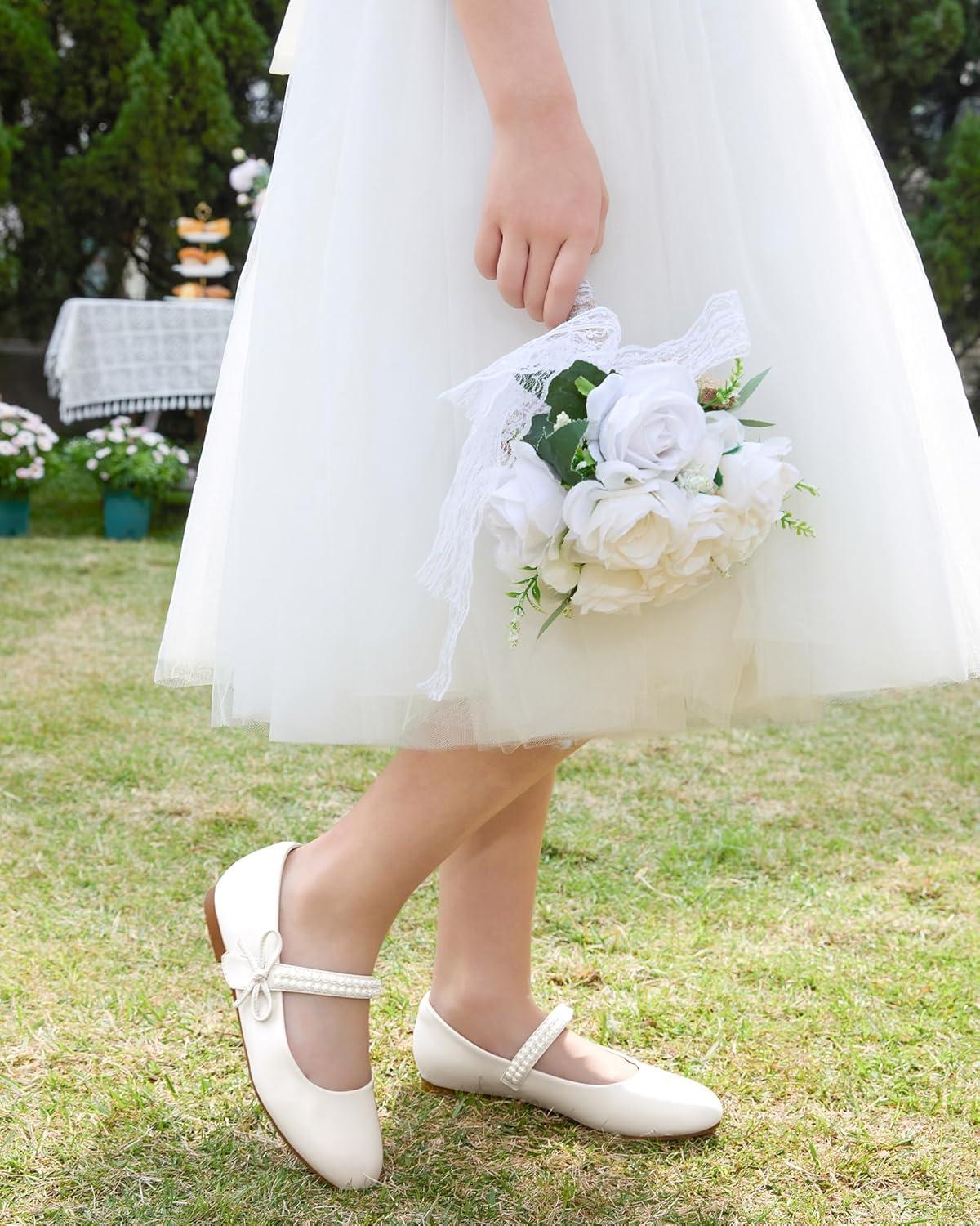 image:imageCoutgo Girls Mary Jane Dress Shoes Girl Flower Shoes Bow Pearls Ballet Flats Princess Wedding ShoesWhite