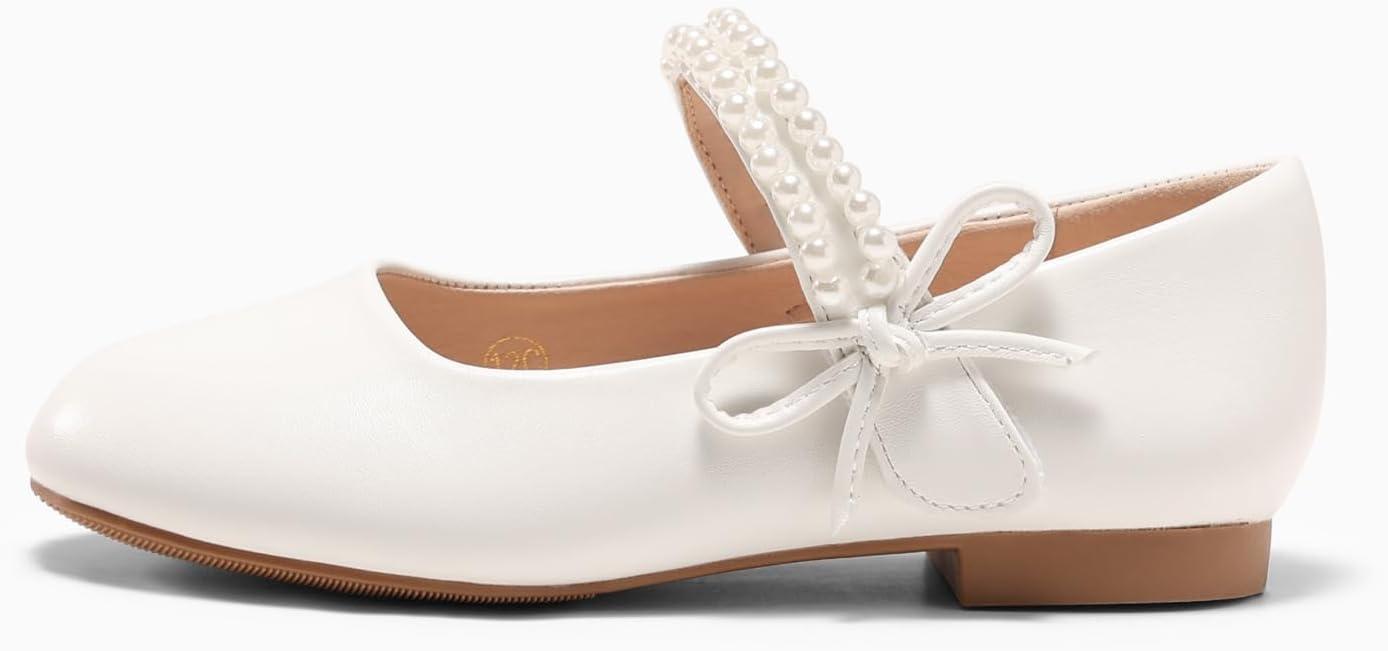 image:imageCoutgo Girls Mary Jane Dress Shoes Girl Flower Shoes Bow Pearls Ballet Flats Princess Wedding ShoesWhite