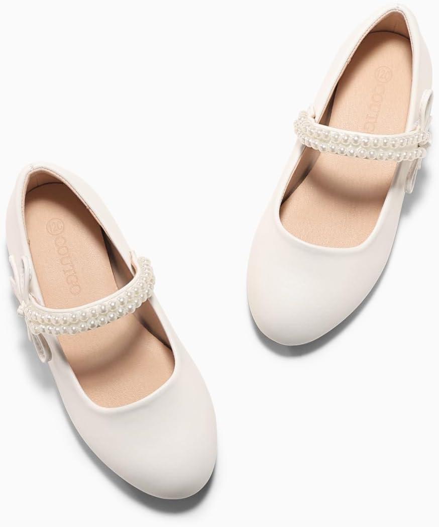 image:imageCoutgo Girls Mary Jane Dress Shoes Girl Flower Shoes Bow Pearls Ballet Flats Princess Wedding ShoesWhite