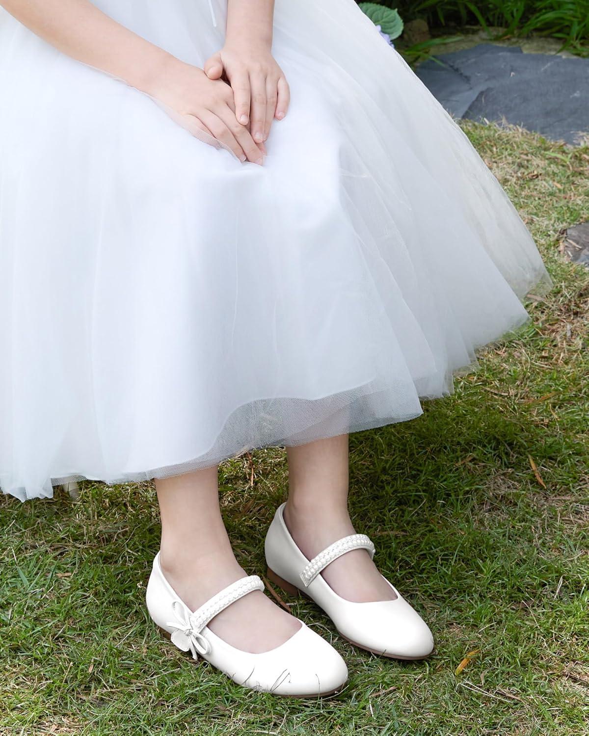 image:imageCoutgo Girls Mary Jane Dress Shoes Girl Flower Shoes Bow Pearls Ballet Flats Princess Wedding ShoesWhite