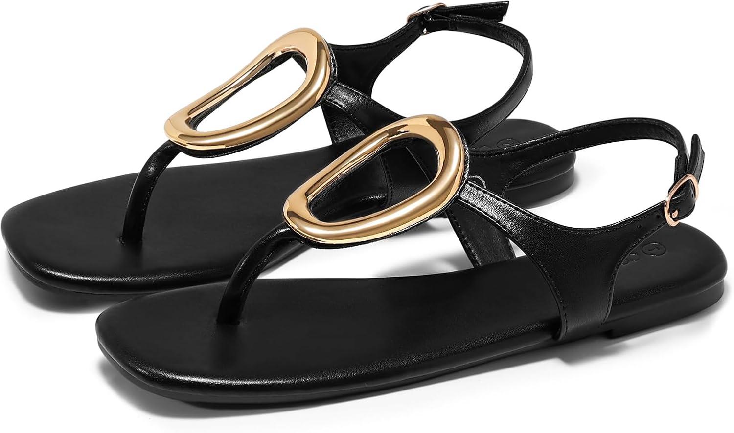 image:imageCoutgo Womens Flat Sandals Comfortable Flip Flops Slide Sandals Summer Beach Shoes with Metal DecorationBuckle Black