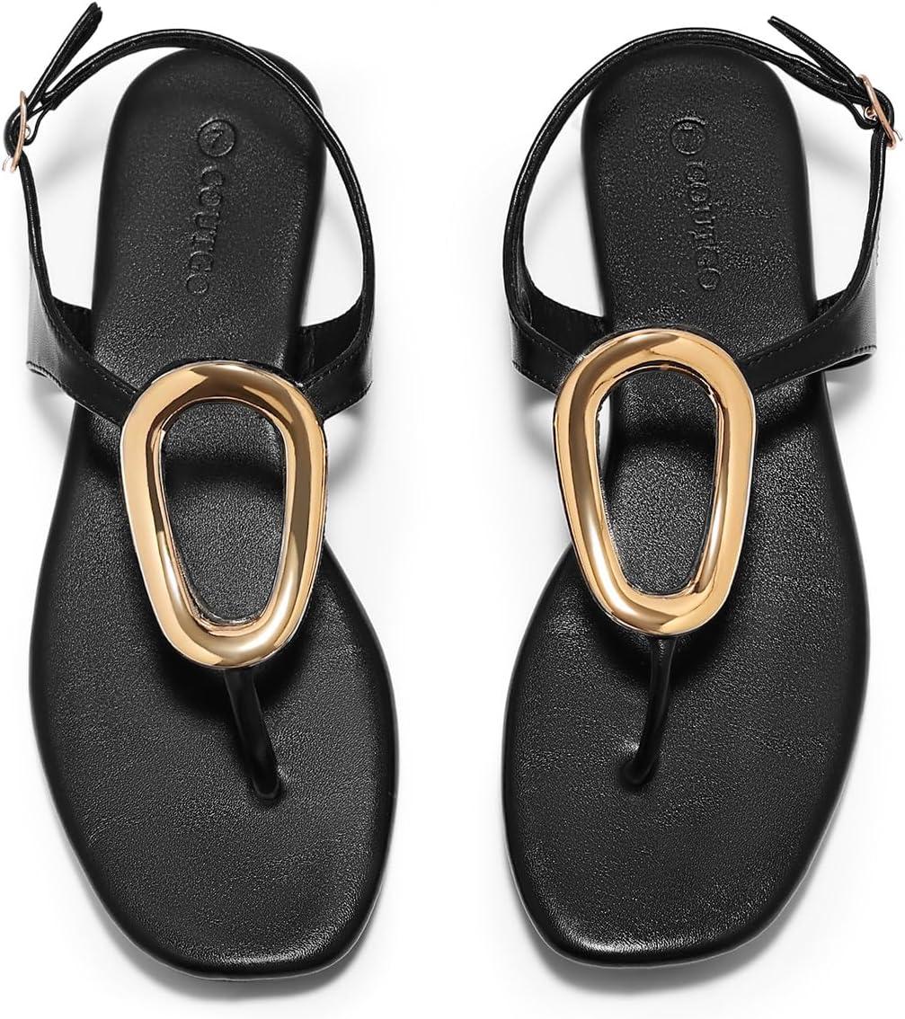 image:imageCoutgo Womens Flat Sandals Comfortable Flip Flops Slide Sandals Summer Beach Shoes with Metal DecorationBuckle Black