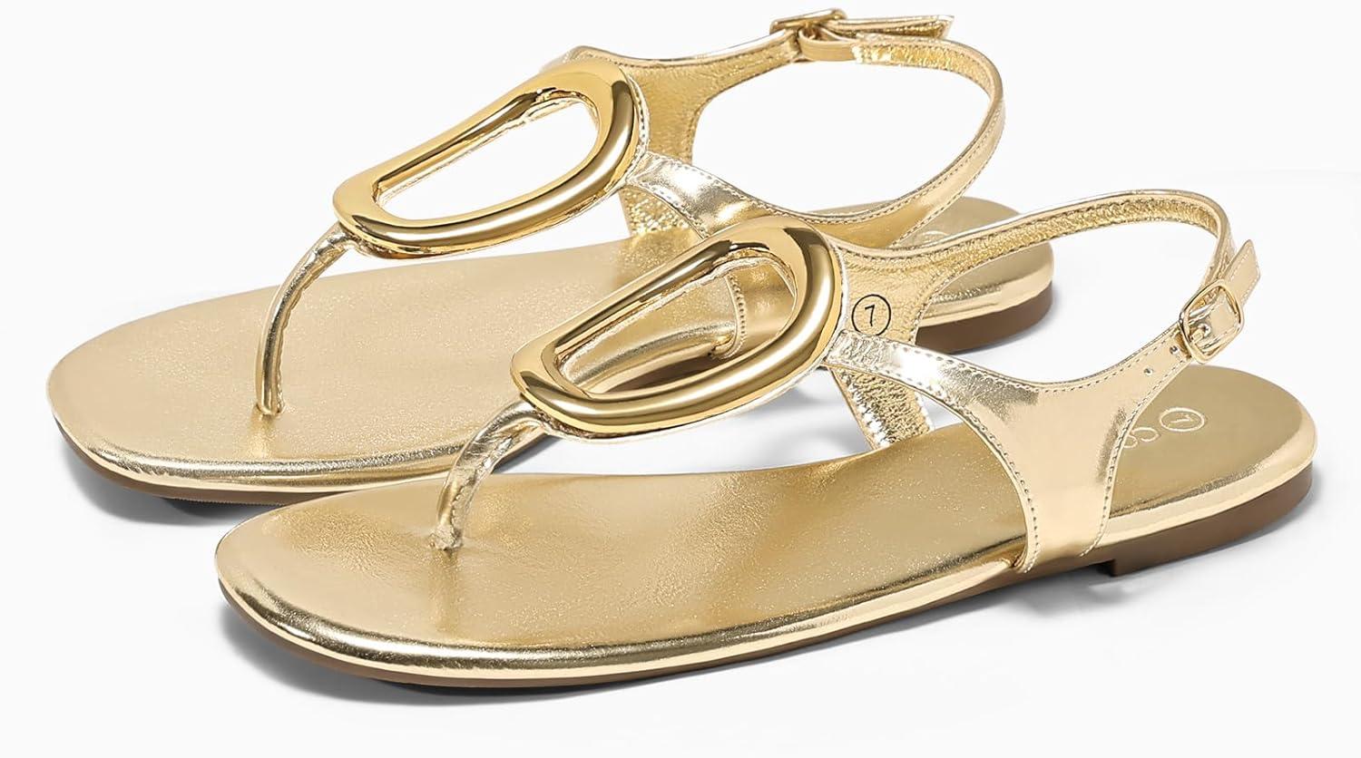 image:imageCoutgo Womens Flat Sandals Comfortable Flip Flops Slide Sandals Summer Beach Shoes with Metal DecorationBuckle Gold
