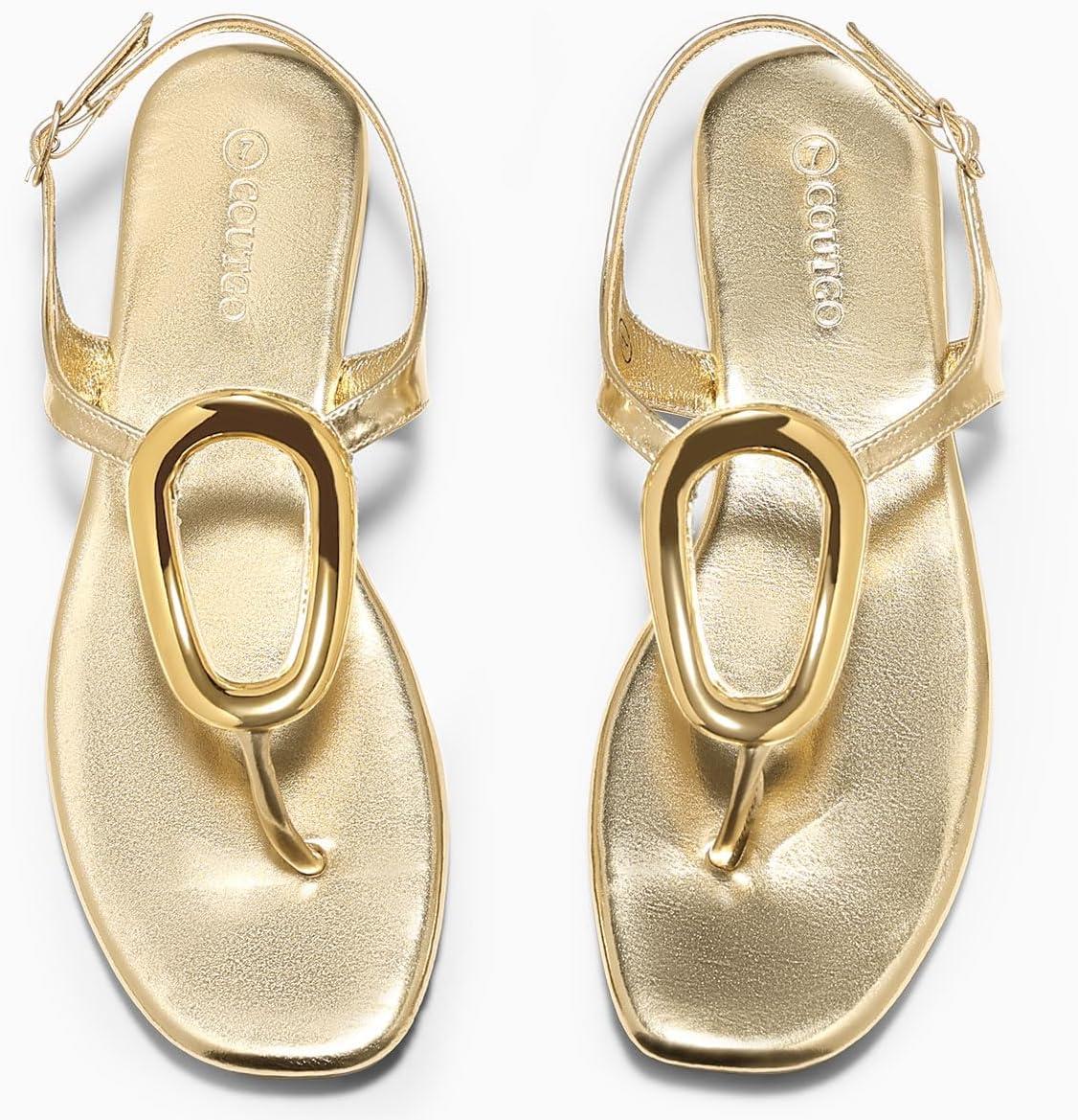 image:imageCoutgo Womens Flat Sandals Comfortable Flip Flops Slide Sandals Summer Beach Shoes with Metal DecorationBuckle Gold