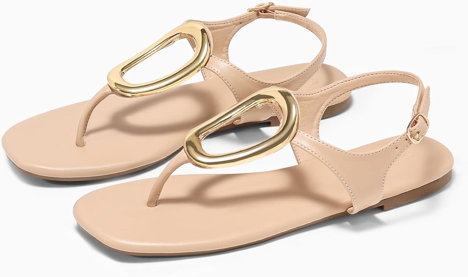 image:imageCoutgo Womens Flat Sandals Comfortable Flip Flops Slide Sandals Summer Beach Shoes with Metal DecorationBuckle Khaki
