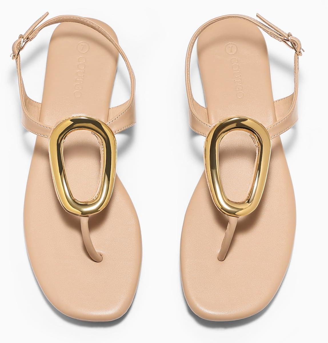 image:imageCoutgo Womens Flat Sandals Comfortable Flip Flops Slide Sandals Summer Beach Shoes with Metal DecorationBuckle Khaki