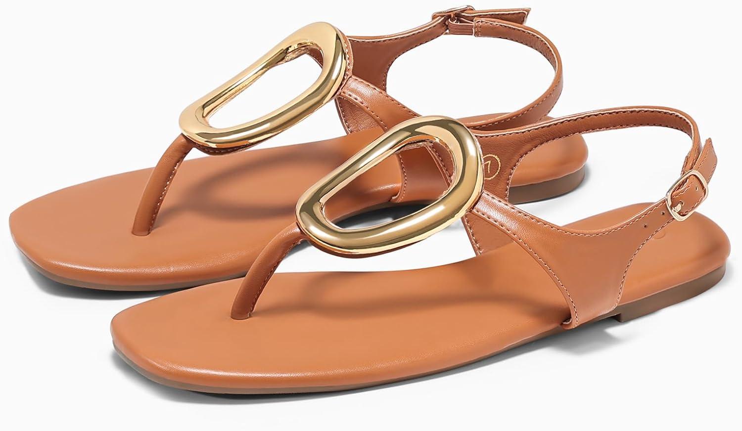 image:imageCoutgo Womens Flat Sandals Comfortable Flip Flops Slide Sandals Summer Beach Shoes with Metal DecorationStrap Brown