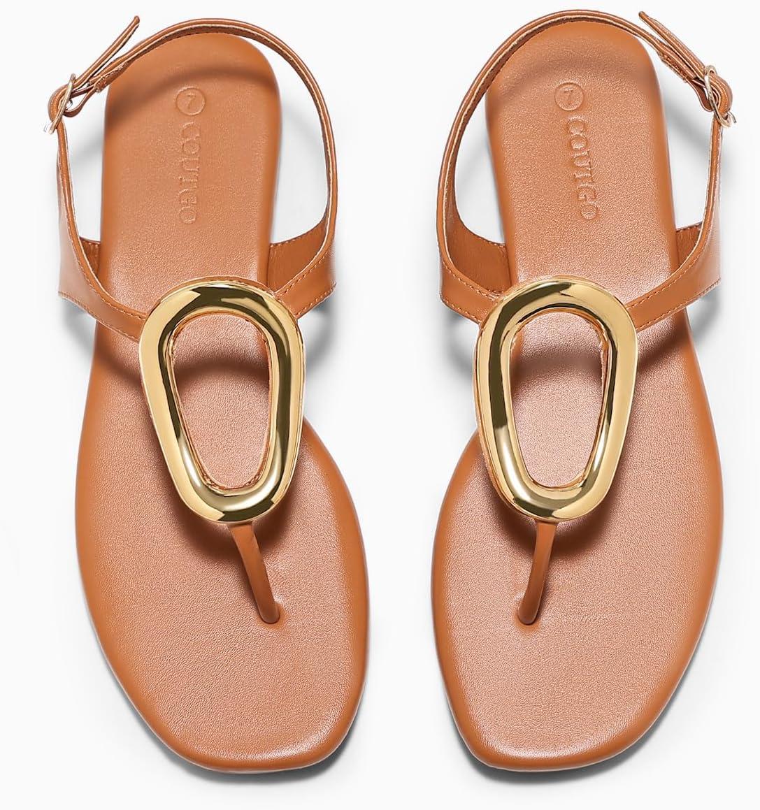 image:imageCoutgo Womens Flat Sandals Comfortable Flip Flops Slide Sandals Summer Beach Shoes with Metal DecorationStrap Brown