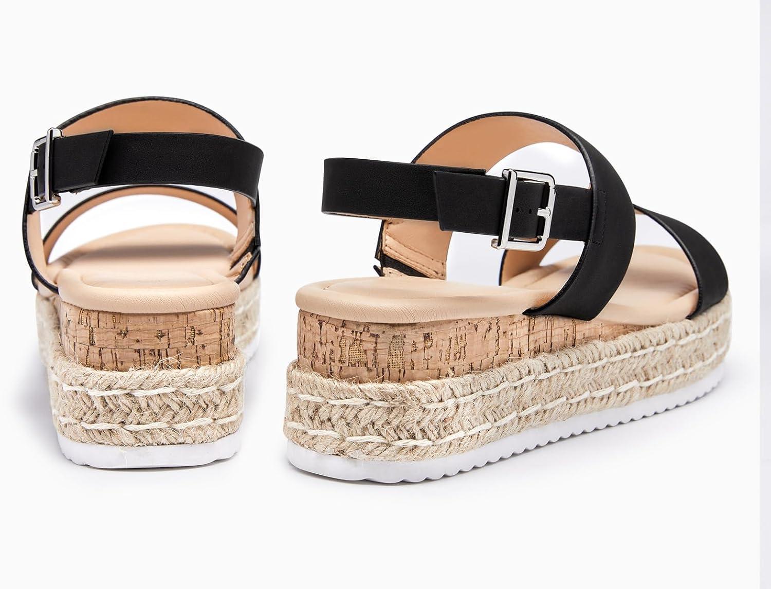 image:imageCoutgo Womens Platform Wedge Heels Sandals Espadrilles Open Toe Cork Ankle Buckle Strap Summer Beach Dress ShoesBlack
