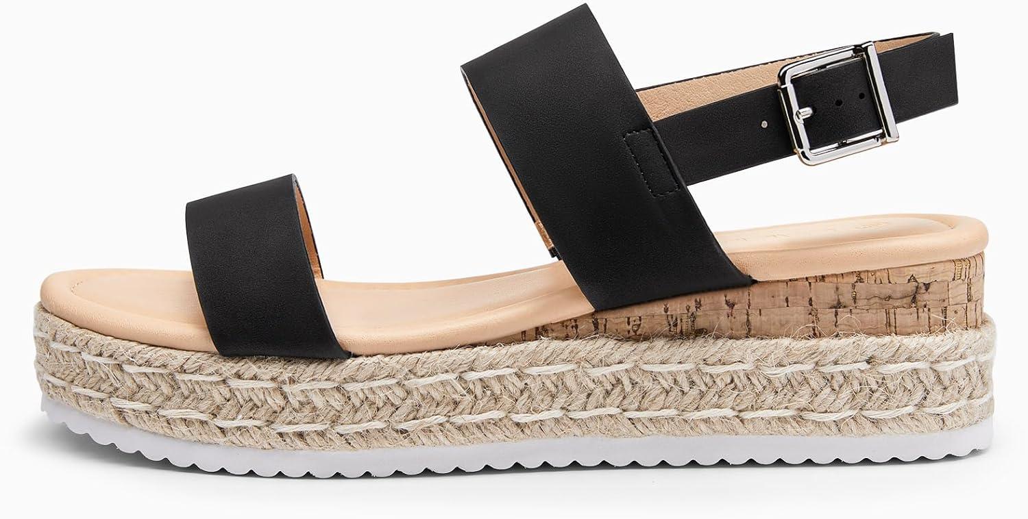 image:imageCoutgo Womens Platform Wedge Heels Sandals Espadrilles Open Toe Cork Ankle Buckle Strap Summer Beach Dress ShoesBlack