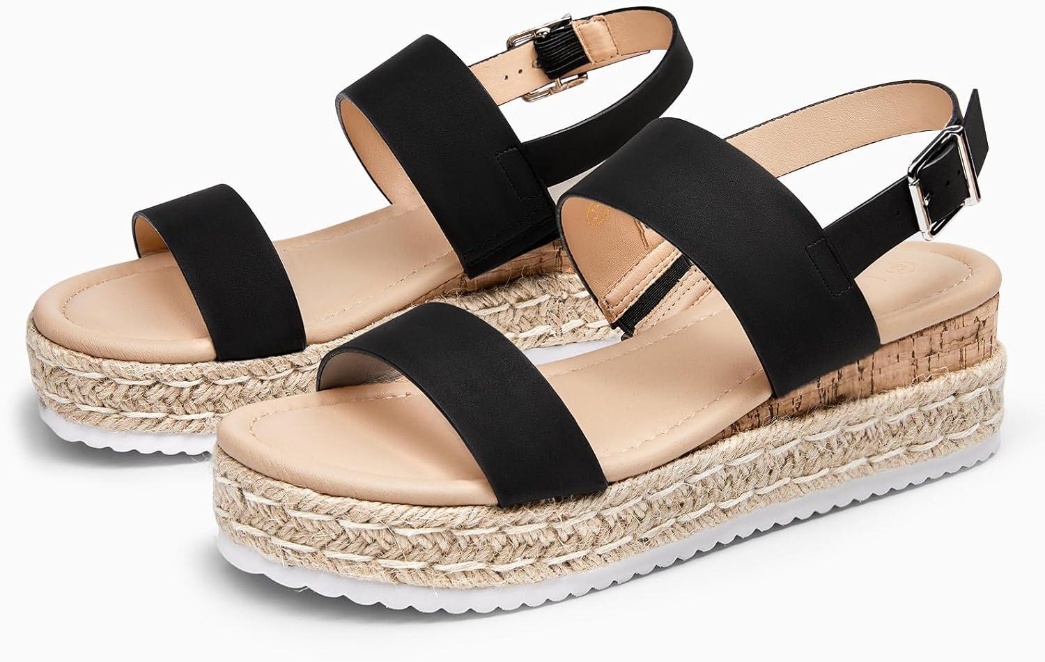 image:imageCoutgo Womens Platform Wedge Heels Sandals Espadrilles Open Toe Cork Ankle Buckle Strap Summer Beach Dress ShoesBlack