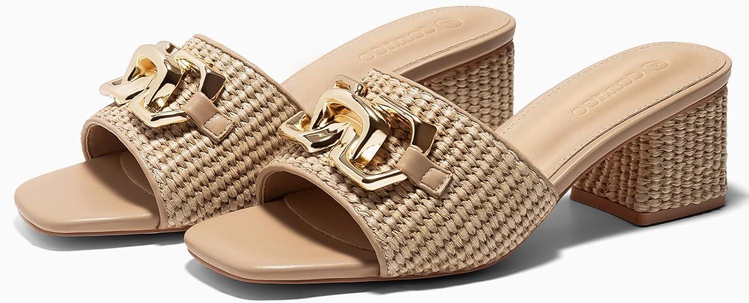 image:imageCoutgo Womens Raffia Slide Sandals Chunky Block Heeled Square Open Toe Metal Chain Slip on Mules Dressy Shoes