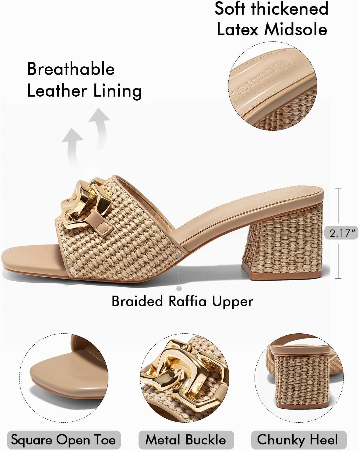 image:imageCoutgo Womens Raffia Slide Sandals Chunky Block Heeled Square Open Toe Metal Chain Slip on Mules Dressy Shoes
