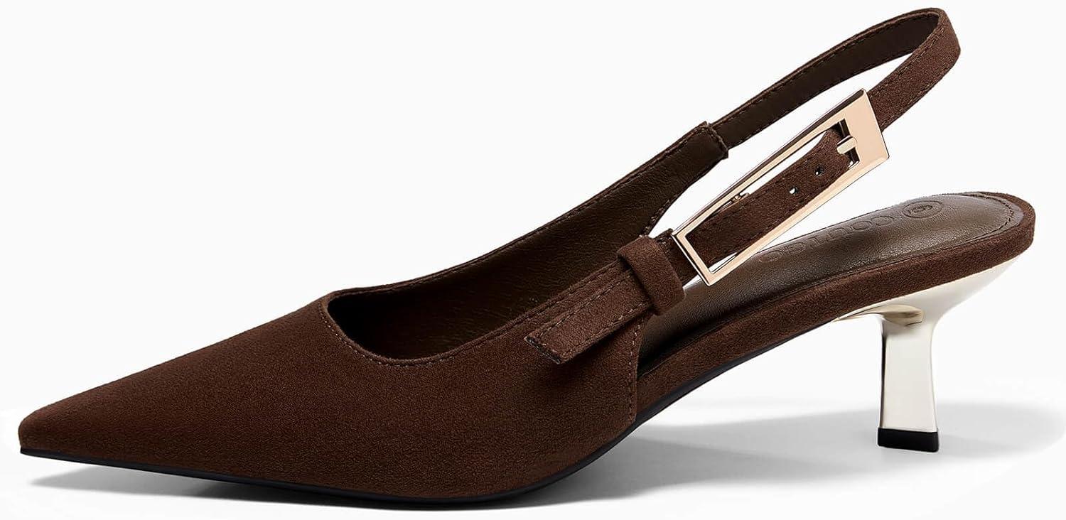 image:imageCoutgo Womens Slingback Kitten Heels Closed Pointed Toe Pumps Buckle Strap Wedding Party Dress ShoesDark Brown Suede