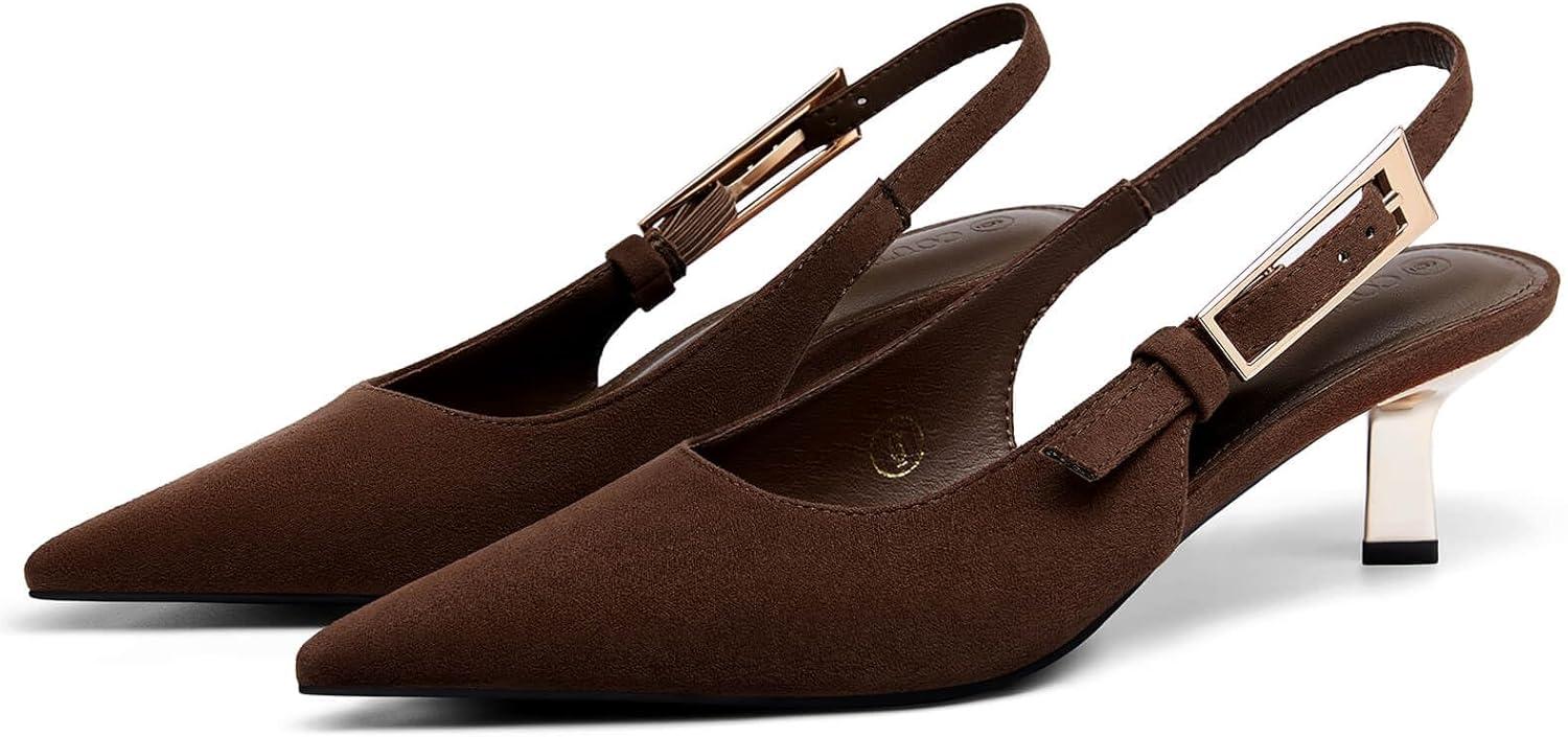 image:imageCoutgo Womens Slingback Kitten Heels Closed Pointed Toe Pumps Buckle Strap Wedding Party Dress ShoesDark Brown Suede