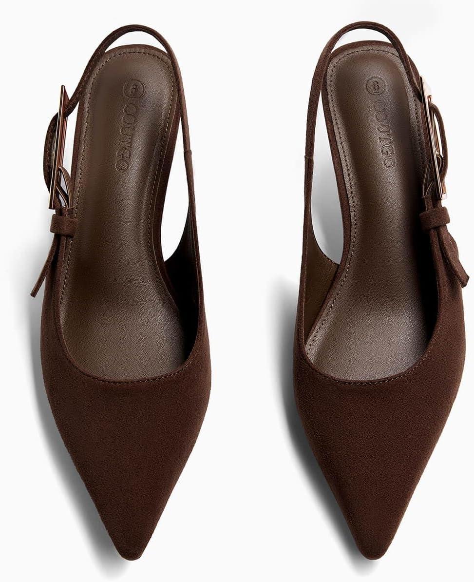 image:imageCoutgo Womens Slingback Kitten Heels Closed Pointed Toe Pumps Buckle Strap Wedding Party Dress ShoesDark Brown Suede