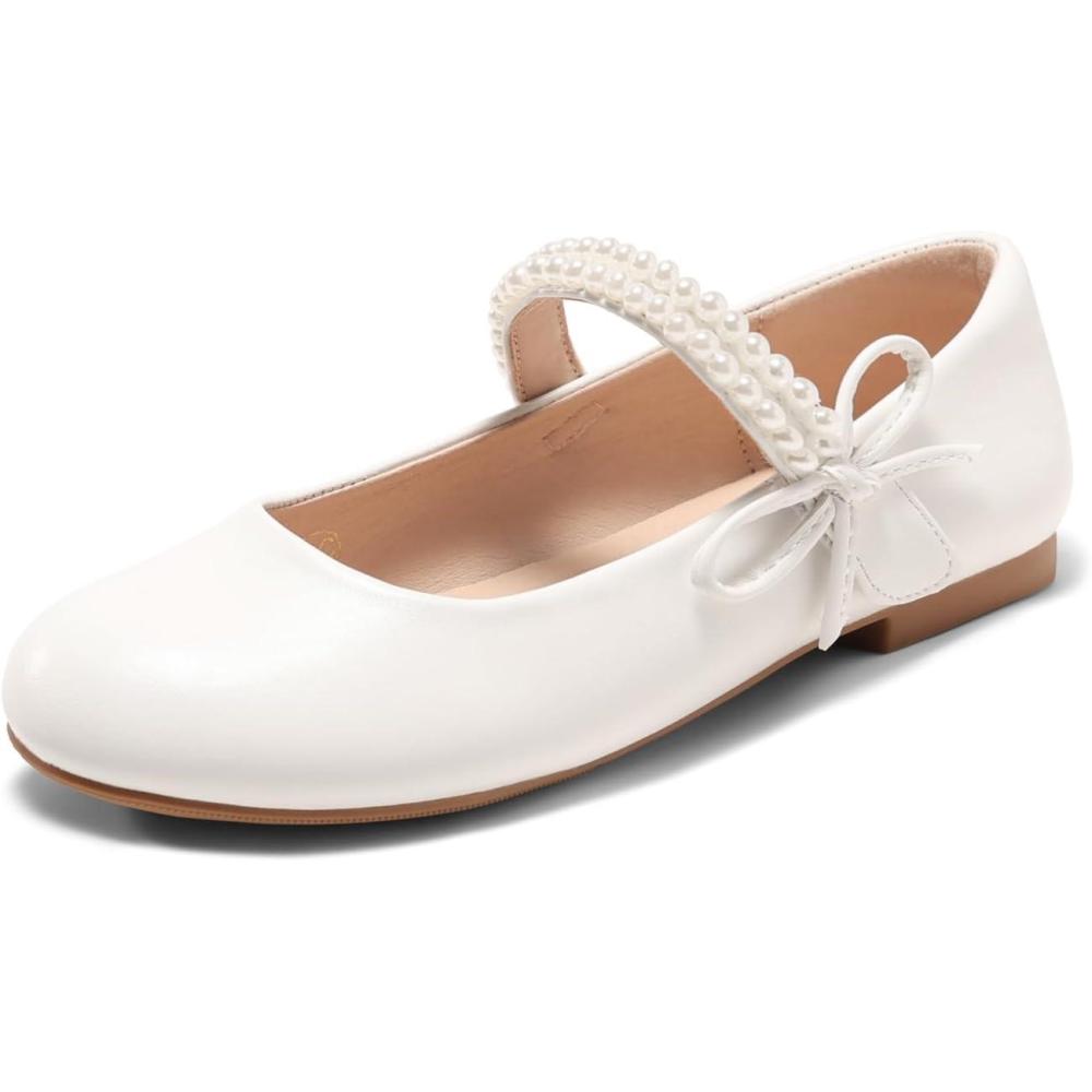 image:imageCoutgo Girls Mary Jane Dress Shoes Girl Flower Shoes Bow Pearls Ballet Flats Princess Wedding ShoesWhite