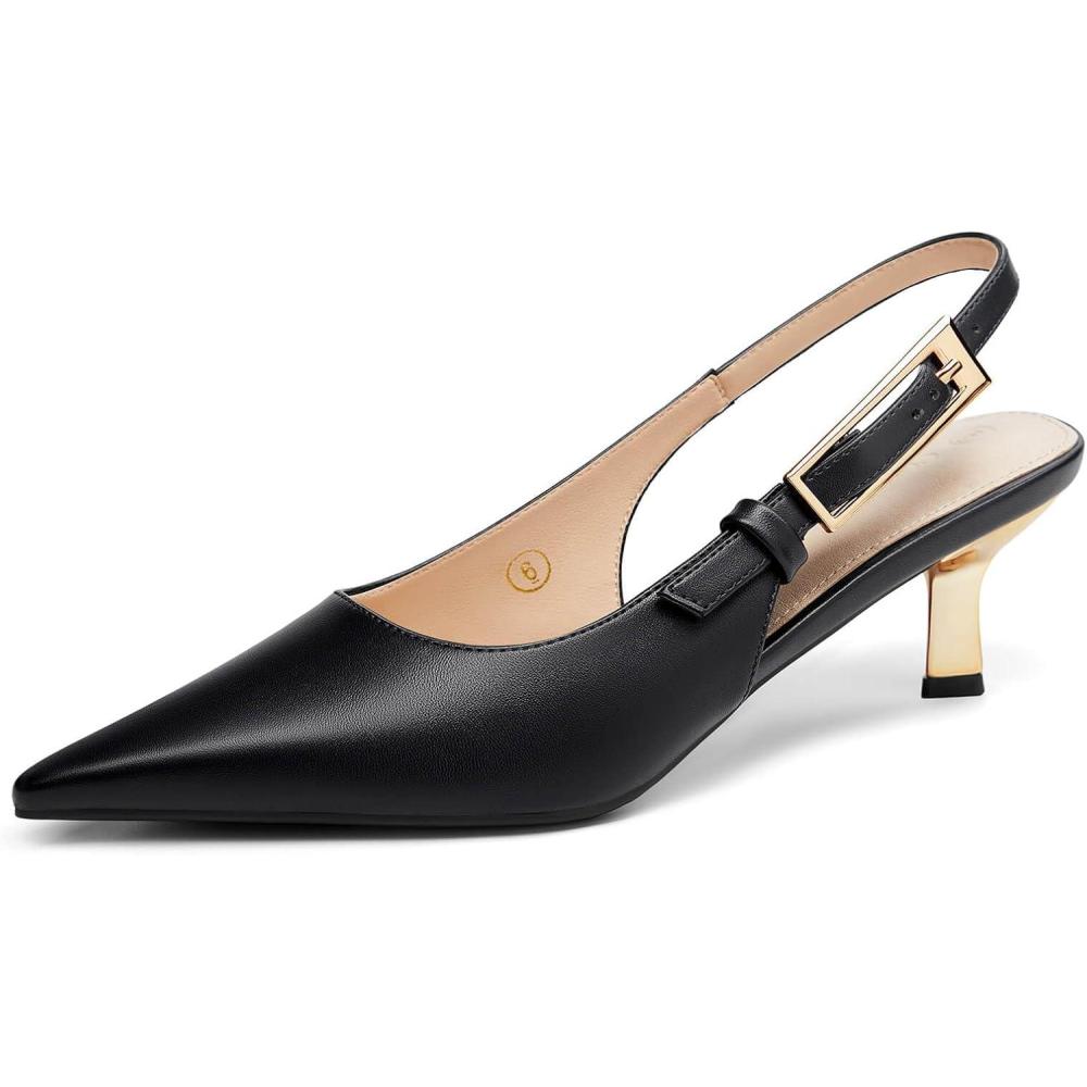 image:imageCoutgo Womens Slingback Kitten Heels Closed Pointed Toe Pumps Buckle Strap Wedding Party Dress ShoesBlack Pu