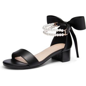 Coutgo Girls Dress Shoes Chunky Low Heels Sandals Bow Pearl Ankle Strap Flower Girl Wedding Party Shoes(Black)