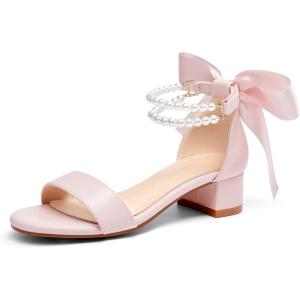 Coutgo Girls Dress Shoes Chunky Low Heels Sandals Bow Pearl Ankle Strap Flower Girl Wedding Party Shoes(Pink)