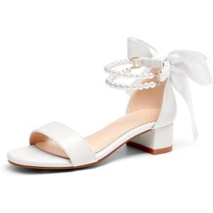 Coutgo Girls Dress Shoes Chunky Low Heels Sandals Bow Pearl Ankle Strap Flower Girl Wedding Party Shoes(White)