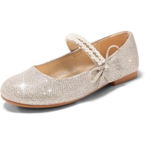 Coutgo Girls Mary Jane Dress Shoes Girl Flower Shoes Bow Pearls Ballet Flats Princess Wedding Shoes(Light Gold)