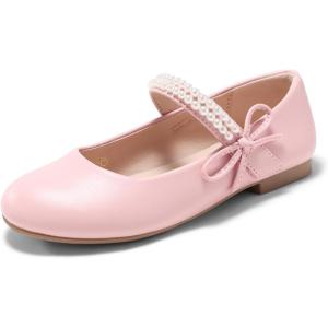 Coutgo Girls Mary Jane Dress Shoes Girl Flower Shoes Bow Pearls Ballet Flats Princess Wedding Shoes(Pink)
