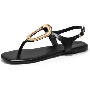 Coutgo Womens Flat Sandals Comfortable Flip Flops Slide Sandals Summer Beach Shoes with Metal Decoration(Buckle Black)