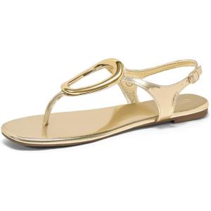 Coutgo Womens Flat Sandals Comfortable Flip Flops Slide Sandals Summer Beach Shoes with Metal Decoration(Buckle Gold)