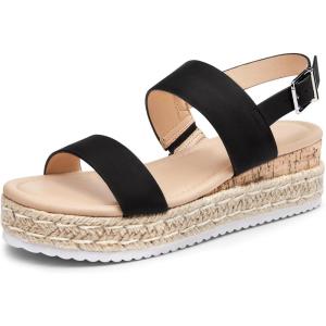 Coutgo Womens Platform Wedge Heels Sandals Espadrilles Open Toe Cork Ankle Buckle Strap Summer Beach Dress Shoes(Black)