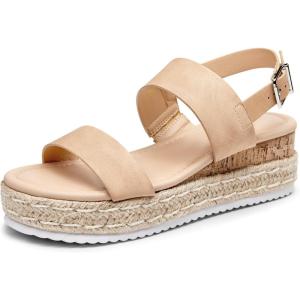 Coutgo Womens Platform Wedge Heels Sandals Espadrilles Open Toe Cork Ankle Buckle Strap Summer Beach Dress Shoes(Khaki)