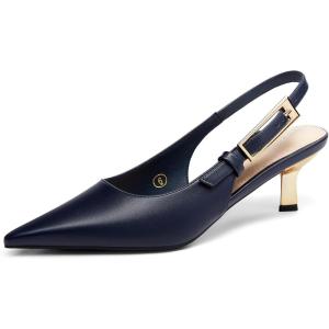 Coutgo Womens Slingback Kitten Heels Closed Pointed Toe Pumps Buckle Strap Wedding Party Dress Shoes(Navy Pu)