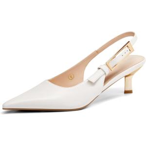Coutgo Womens Slingback Kitten Heels Closed Pointed Toe Pumps Buckle Strap Wedding Party Dress Shoes(White Pu)