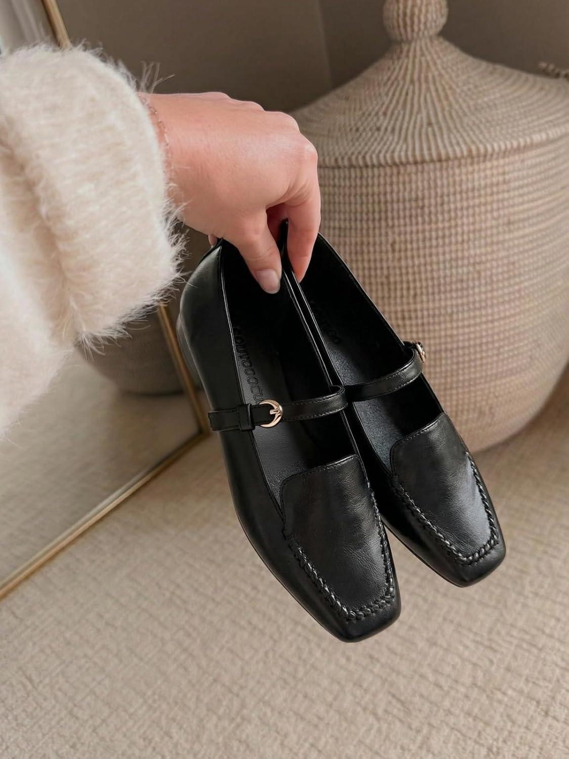 image:imageCoutgo Womens Ballet Flats Loafers Square Toe Comfortable Dressy Work Office Shoes Mary Jane FlatsBlack
