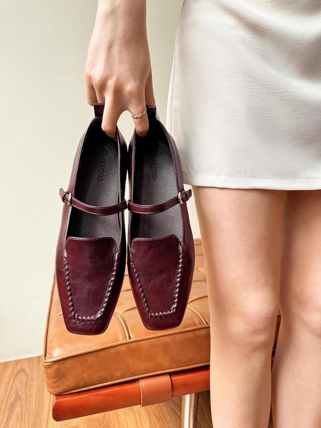 image:imageCoutgo Womens Ballet Flats Loafers Square Toe Comfortable Dressy Work Office Shoes Mary Jane FlatsBurgundy