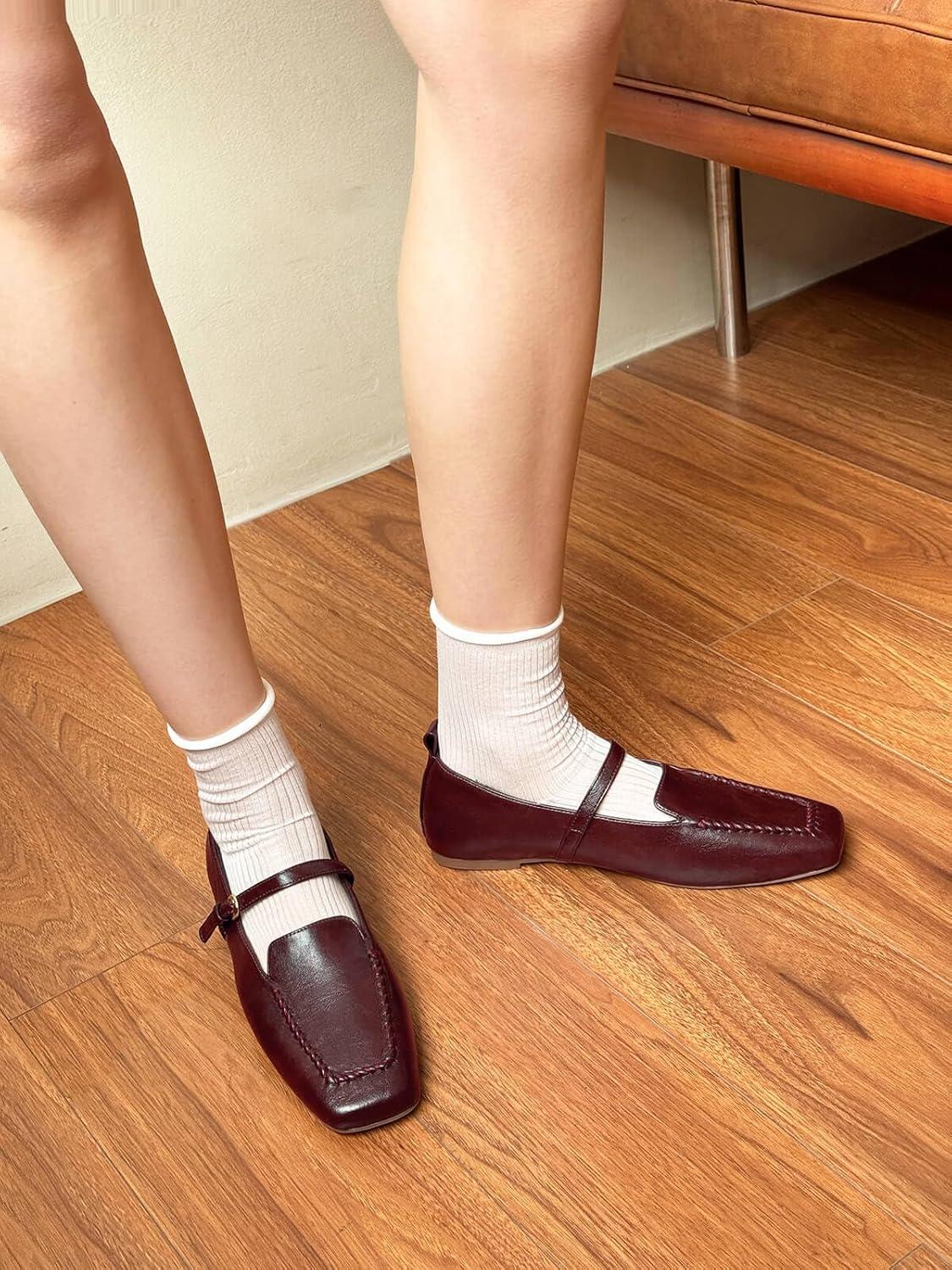 image:imageCoutgo Womens Ballet Flats Loafers Square Toe Comfortable Dressy Work Office Shoes Mary Jane FlatsBurgundy