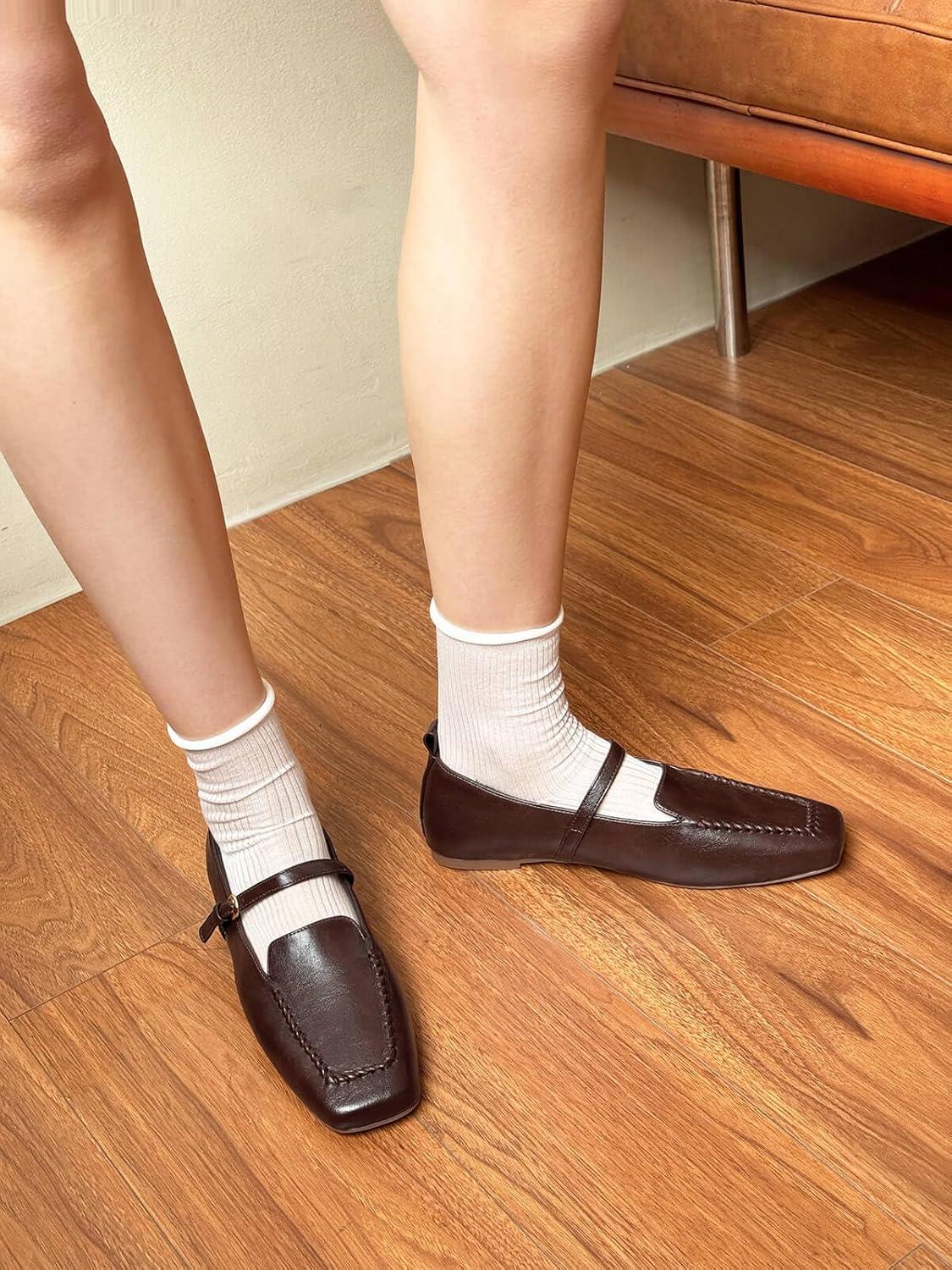 image:imageCoutgo Womens Ballet Flats Loafers Square Toe Comfortable Dressy Work Office Shoes Mary Jane FlatsCoffee