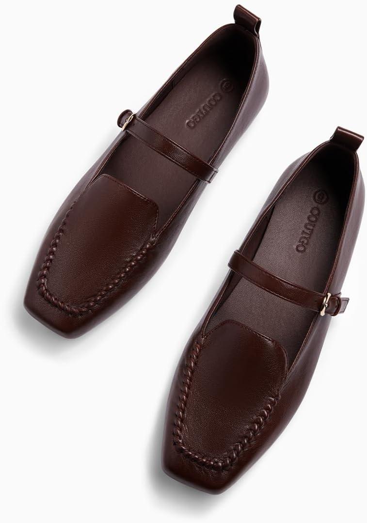 image:imageCoutgo Womens Ballet Flats Loafers Square Toe Comfortable Dressy Work Office Shoes Mary Jane FlatsCoffee