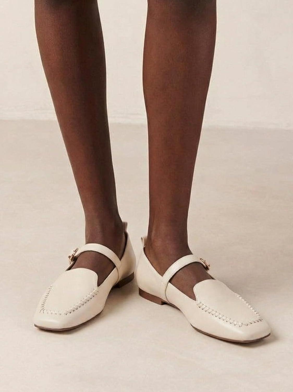 image:imageCoutgo Womens Ballet Flats Loafers Square Toe Comfortable Dressy Work Office Shoes Mary Jane FlatsCream White
