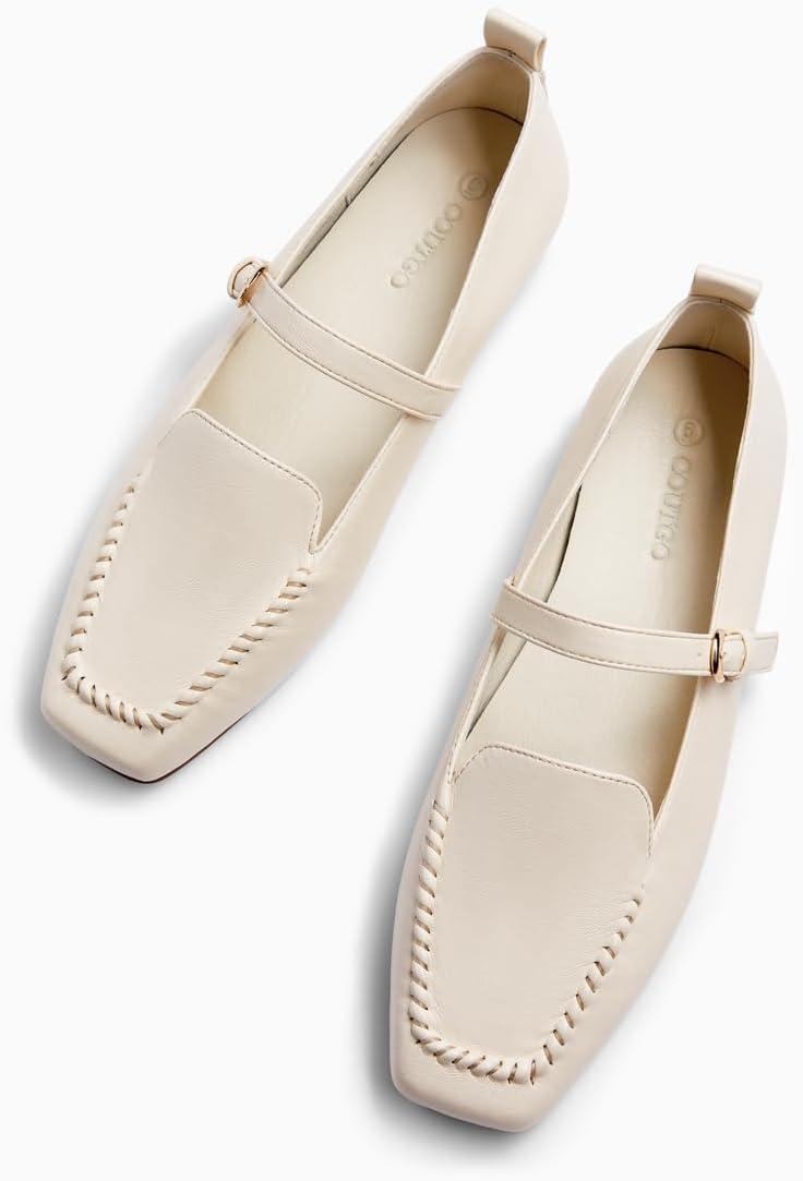 image:imageCoutgo Womens Ballet Flats Loafers Square Toe Comfortable Dressy Work Office Shoes Mary Jane FlatsCream White